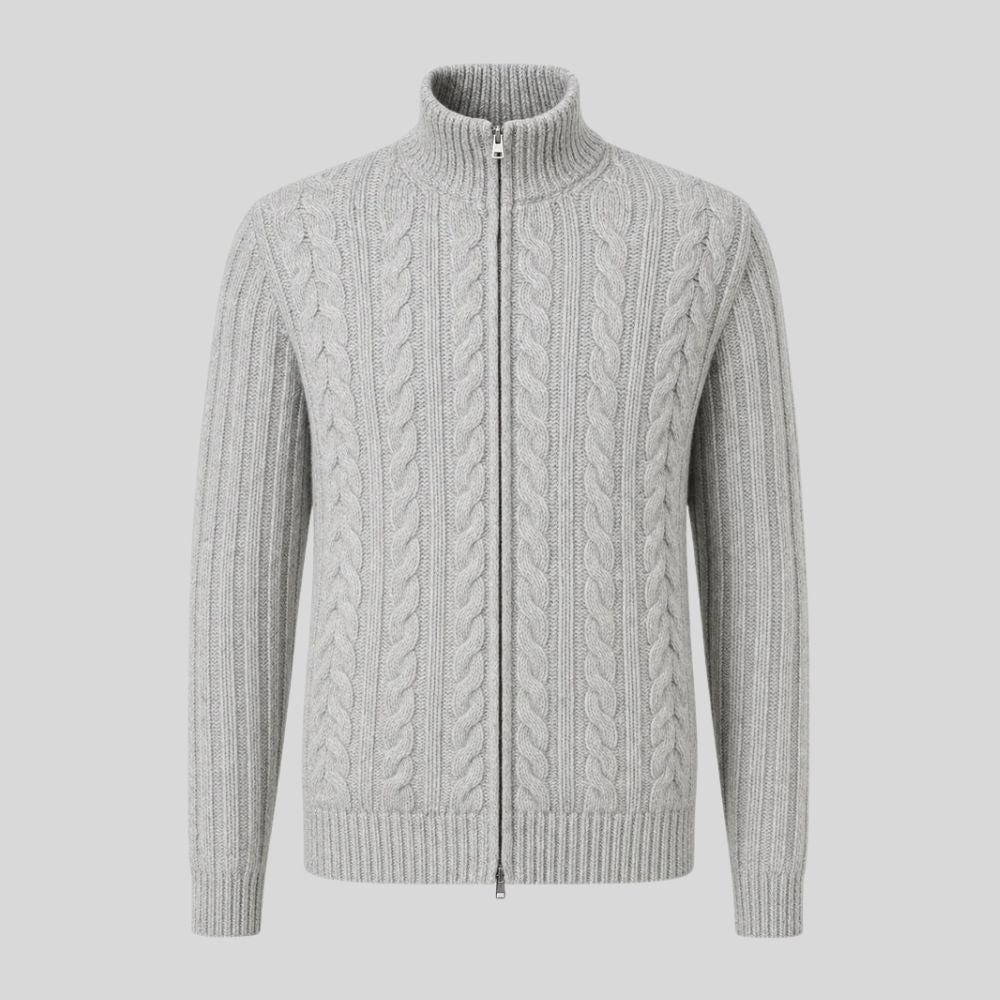 Grey Cable-Knit Zip Jacket