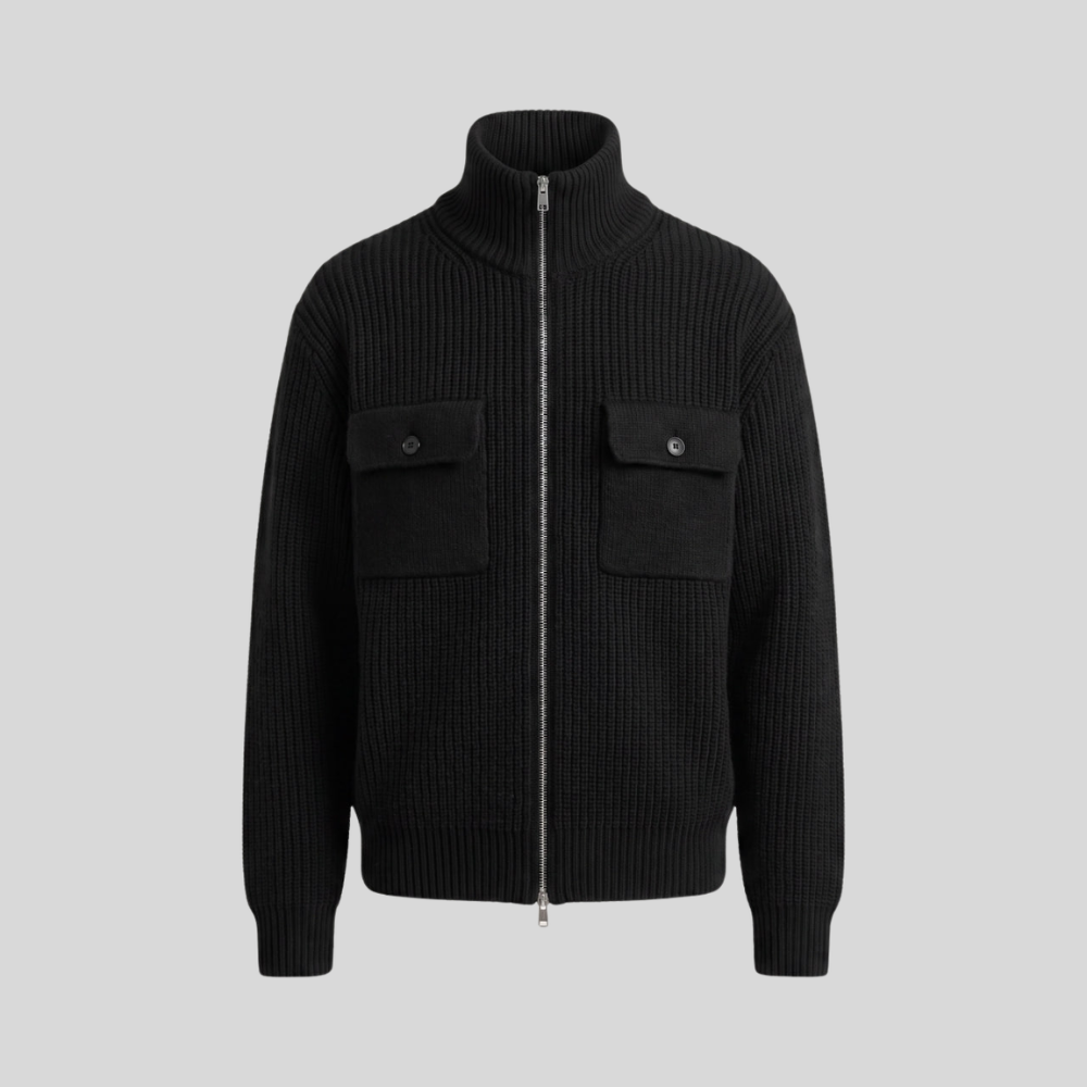 Black Wool Full-Zip Knit Jacket