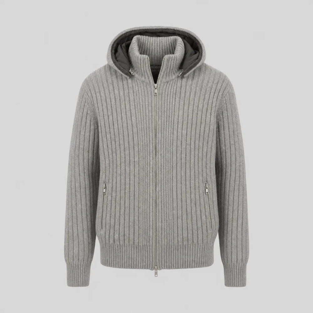 Ribbed Zip-Up Hooded Knit Jacket